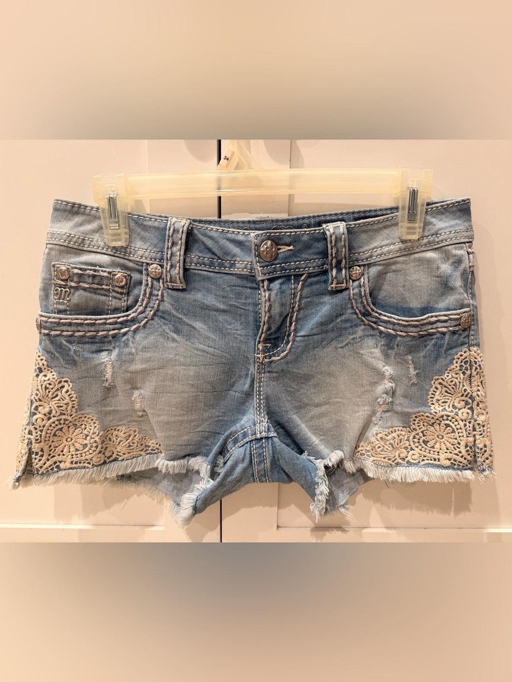 Miss Me Denim Lace Trim Distressed Signature Shorts - Light Blue